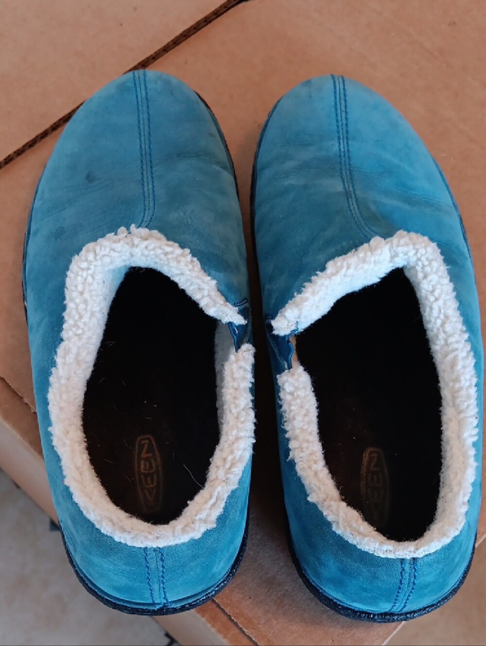 Keen Teal Blue Suede Slip-On Slippers with White Sherpa Trim